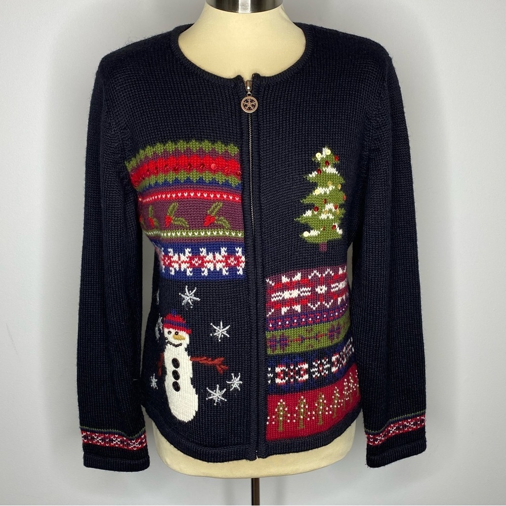 Petite Sophisticate Vintage Wool Blend Holiday Theme Zip Front Cardigan Sweater